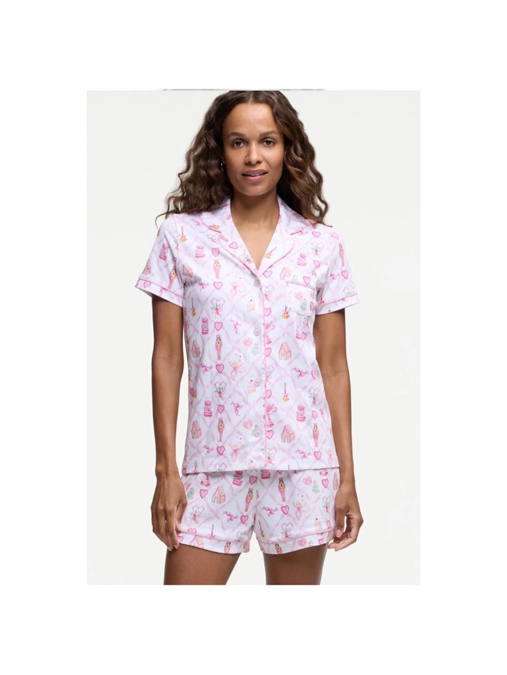 LoveShackFancy Pink & White Short Sleeve Pajama Top - Novelty Print - Picture 2 of 3